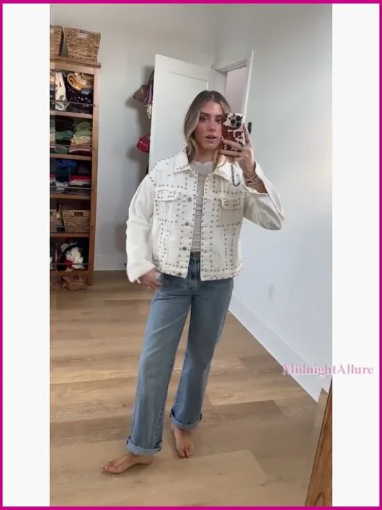 Distressed Denim Jacket with Fringe Studded Details Crop Fit - Picture 7 of 7